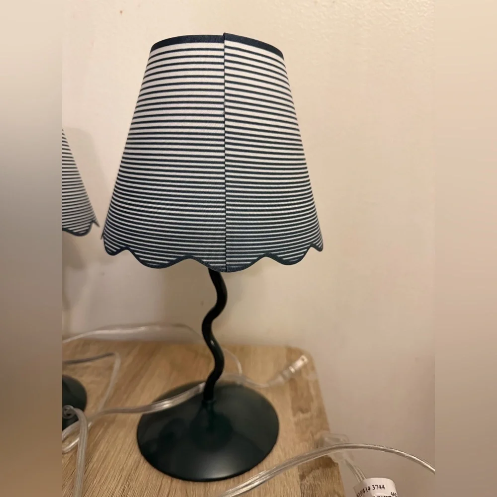 Striped Green & White Table Lamp Pair - Modern Home Accent